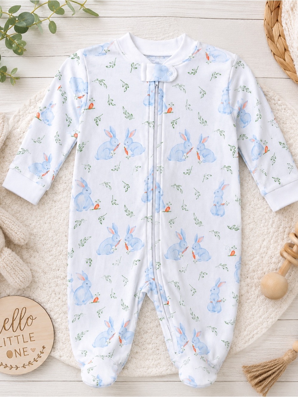 NWT Nellapima Blue Bunny Print Zipper Footie Pima Cotton 6-9M Baby Sleeper